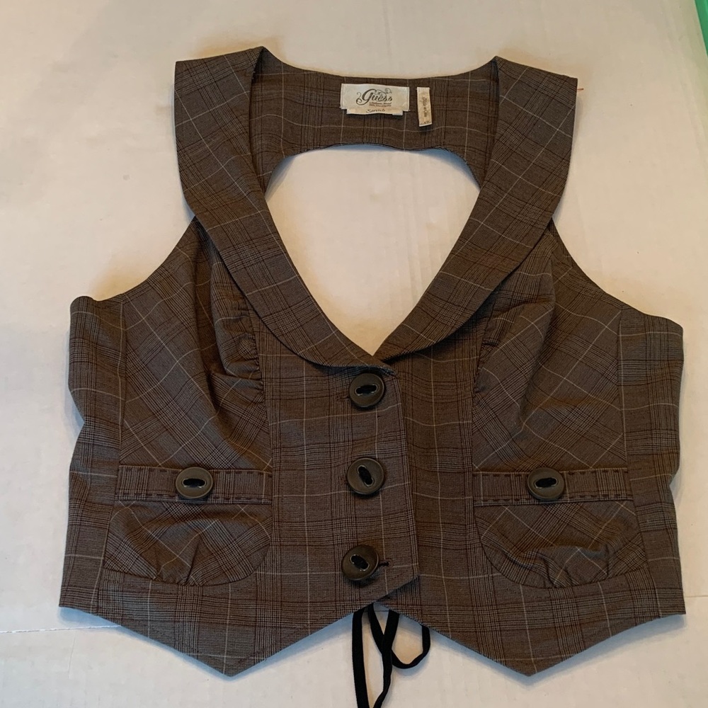 EUC Womens  Guess Brown Plaid Stretch Vest with Label Detail size XL